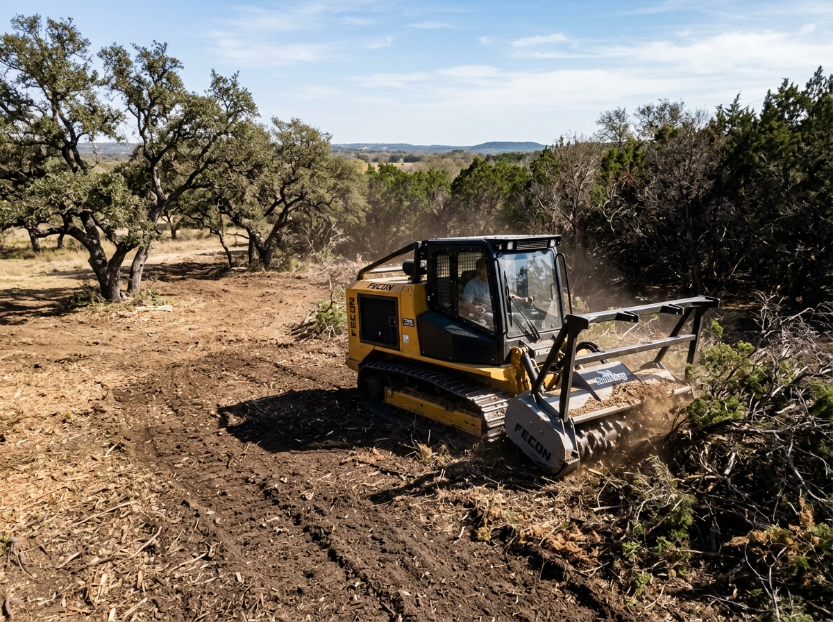 Forestry mulcher tractor clearing cedar brush on Texas land