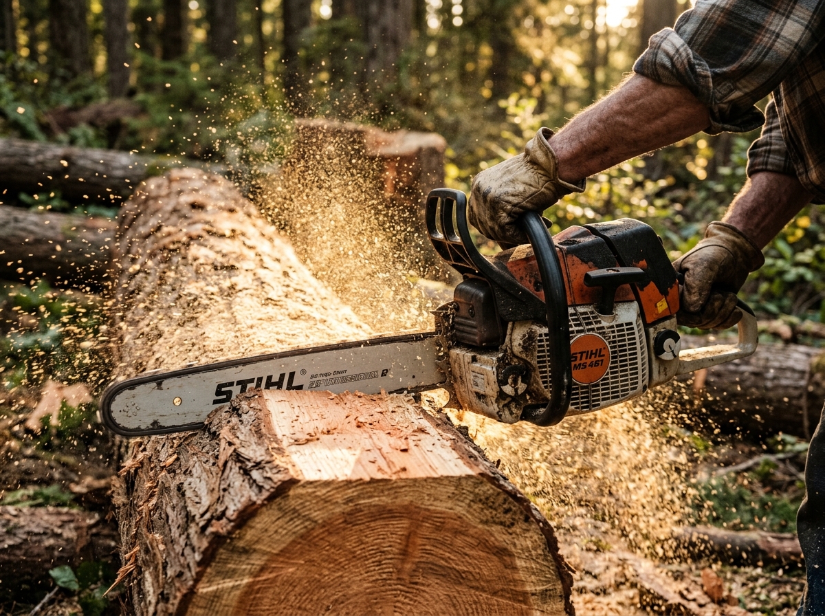 Chainsaw cutting timber with precision wood grain
