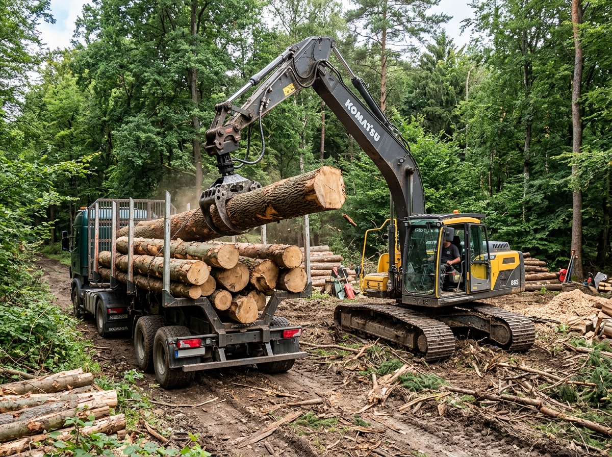 Heavy forestry excavator handling timber in Texas clearing