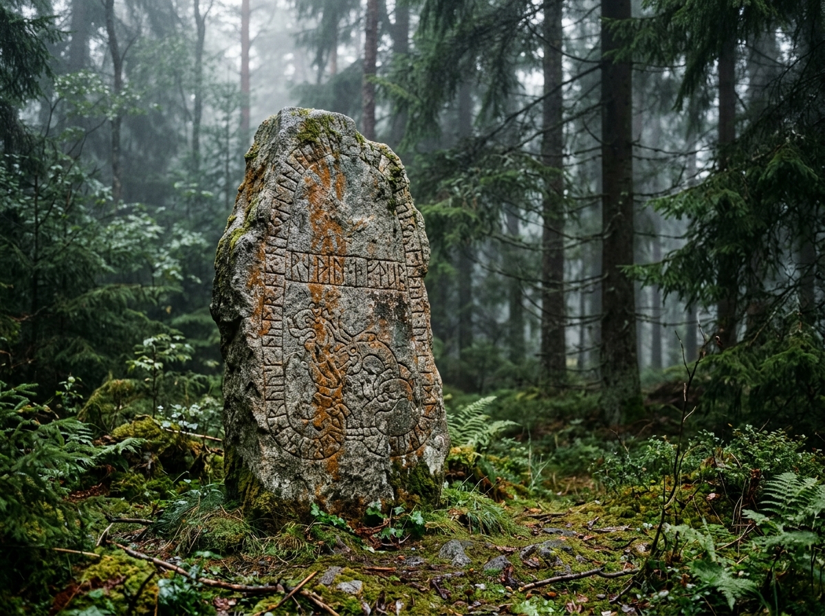 Weathered ancient Scandinavian runestone in pine forest