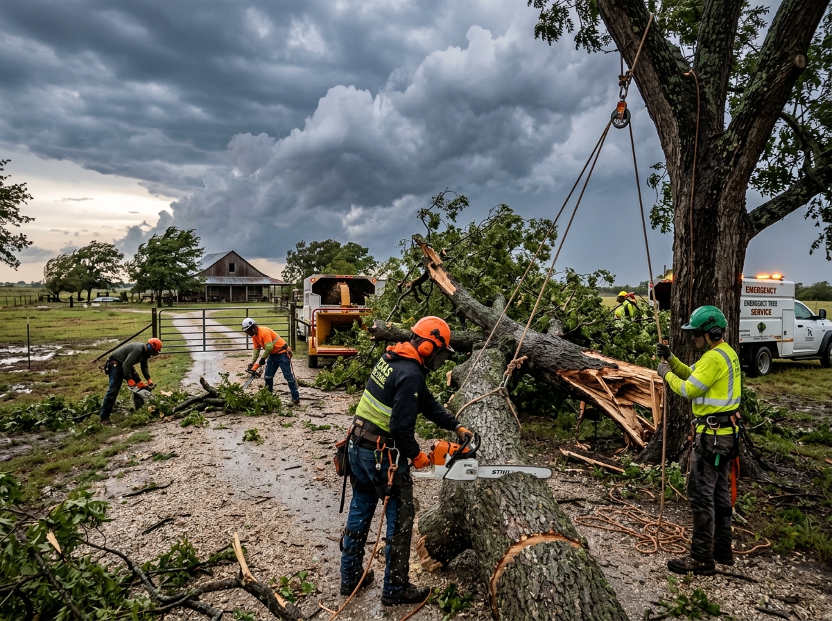 Emergency storm recovery crew clearing massive fallen tree
