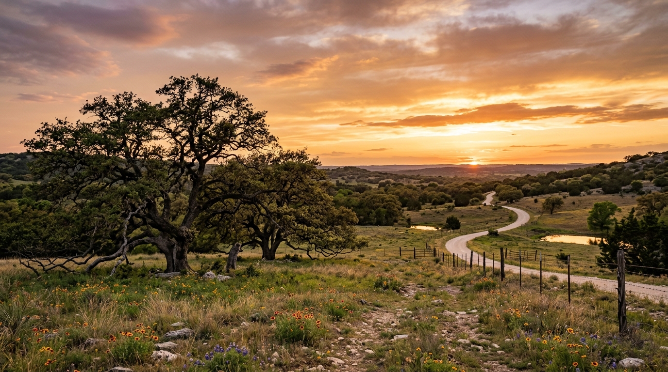Texas countryside with mature live oaks at sunset