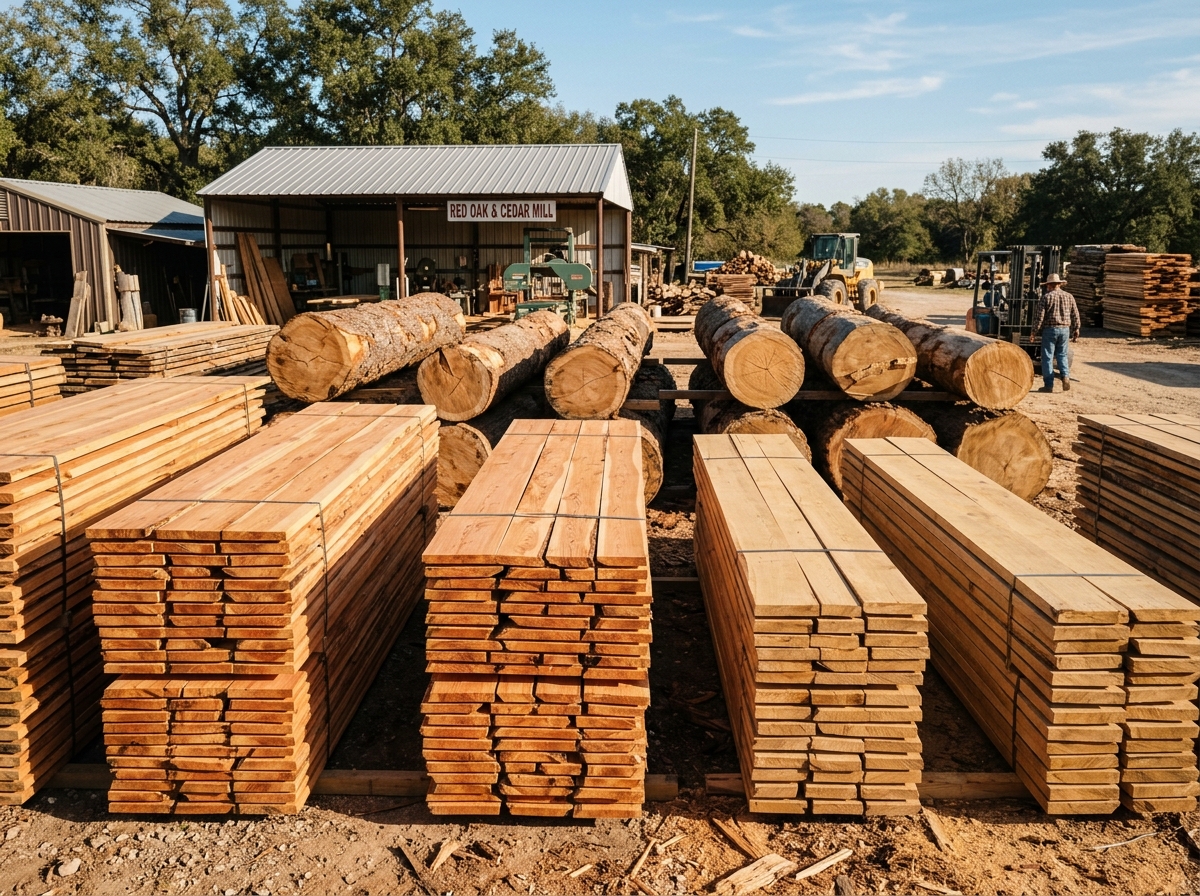 Milled timber stacks and lumber logs in Texas yard